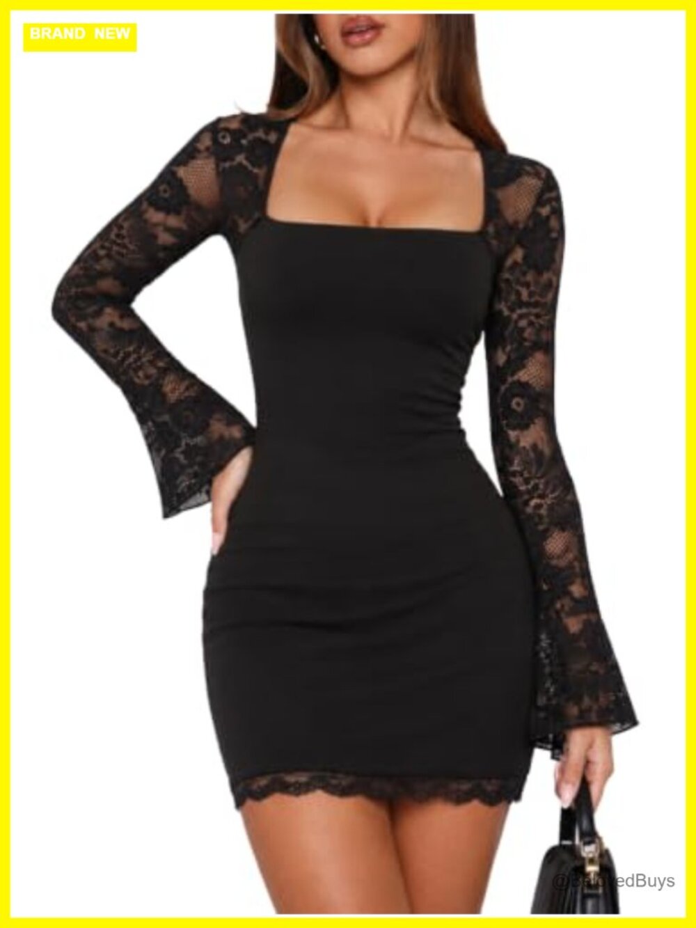 Square Neck Lace Long Sleeve Bodycon Mini Dress